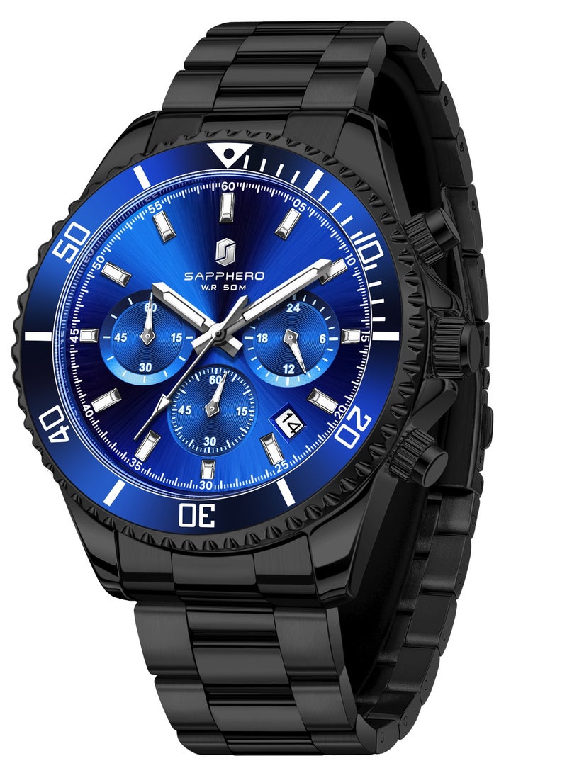 سافيرو ساعة سابفيرو كرونوغراف رجالية من الفولاذ المقاوم للصدأ، مقاومة للماء حتى عمق 50 مترًا، ساعة كوارتز تناظرية مع عرض التاريخ، ساعة كلاسيكية فاخرة وأنيقة، هدية مثالية للرجال. - Image 1